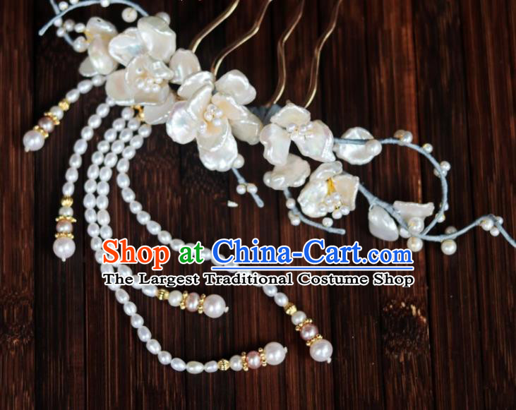 Chinese Ancient Princess Shell Flowers Hairpin Traditional Song Dynasty Court Pearls Tassel Hair Comb