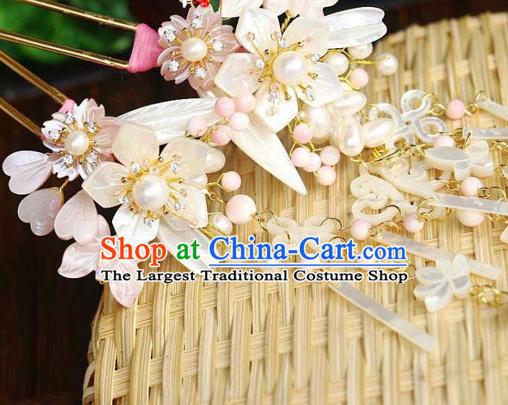 Chinese Ancient Princess Shell Tassel Hairpin Traditional Song Dynasty Court White Sakura Hair Stick