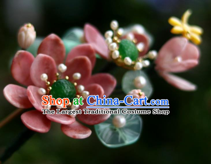 Chinese Ancient Princess Red Lotus Hairpin Traditional Song Dynasty Jade Pearls Hair Stick