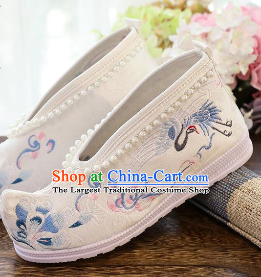 China National Embroidered Crane Shoes Traditional Hanfu Pearls Shoes Ancient Ming Dynasty Shoes