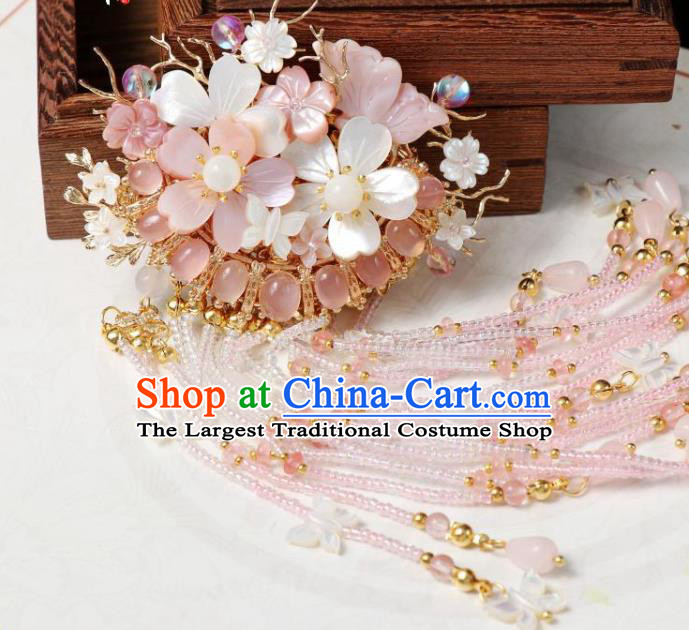 Chinese Ancient Palace Princess Pink Beads Tassel Hairpin Traditional Ming Dynasty Peach Blossom Hair Claw