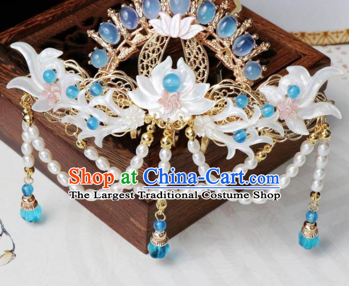 Chinese Ancient Princess Azurlite Hairpin Hanfu Hair Accessories Traditional Tang Dynasty Shell Lotus Hair Crown