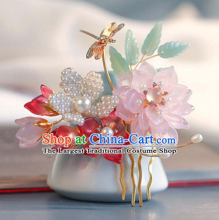 Chinese Ancient Princess Golden Dragonfly Hairpin Traditional Song Dynasty Pink Lotus Hair Comb