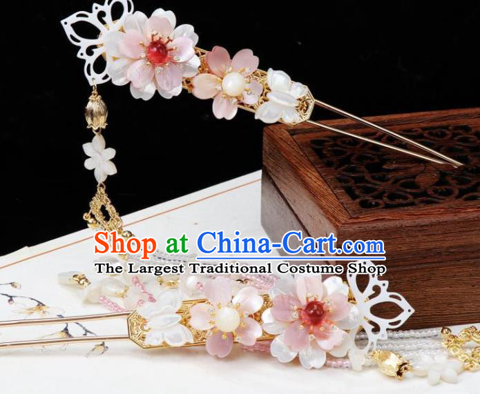 Chinese Ancient Princess Beads Tassel Hairpin Traditional Tang Dynasty Shell Sakura Hair Stick