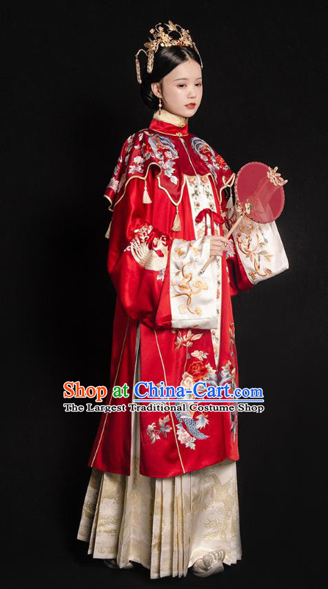 China Traditional Wedding Red Hanfu Dress Ancient Ming Dynasty Empress Embroidered Historical Clothing and Headdress Full Set