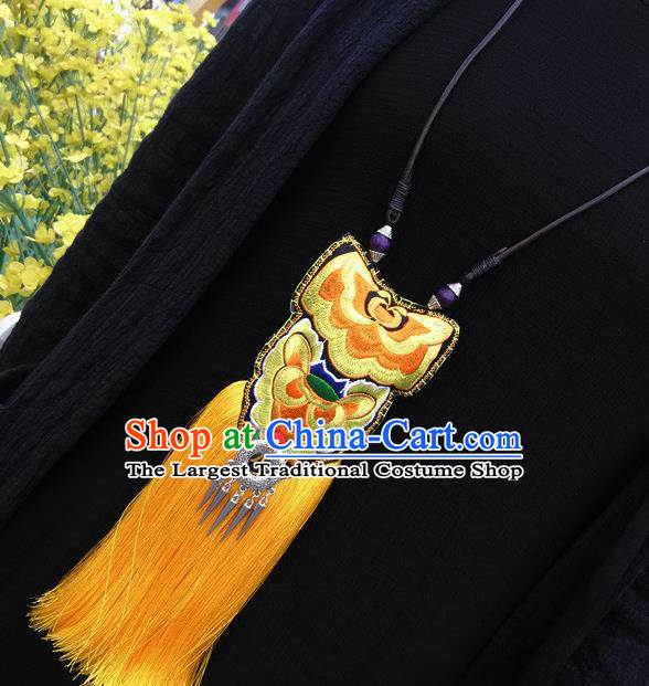 China Traditional Miao Minority Yellow Tassel Necklace Handmade Hmong Ethnic Embroidered Necklet Accessories