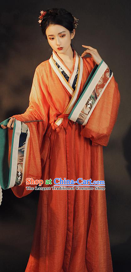 China Ancient Jin Dynasty Palace Princess Historical Clothing Traditional Orange Hanfu Dress Garment