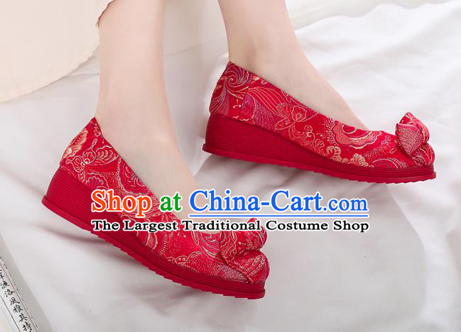 China National Wedding Bride Red Satin Shoes Traditional Cheongsam Wedge Heel Shoes