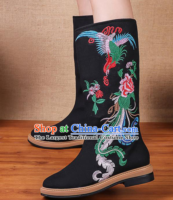 China National Winter Black Boots Traditional Embroidered Phoenix Peony Shoes