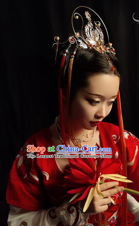 China Ancient Palace Lady Hair Accessories Handmade Traditional Tang Dynasty Princess Golden Phoenix Hair Crown