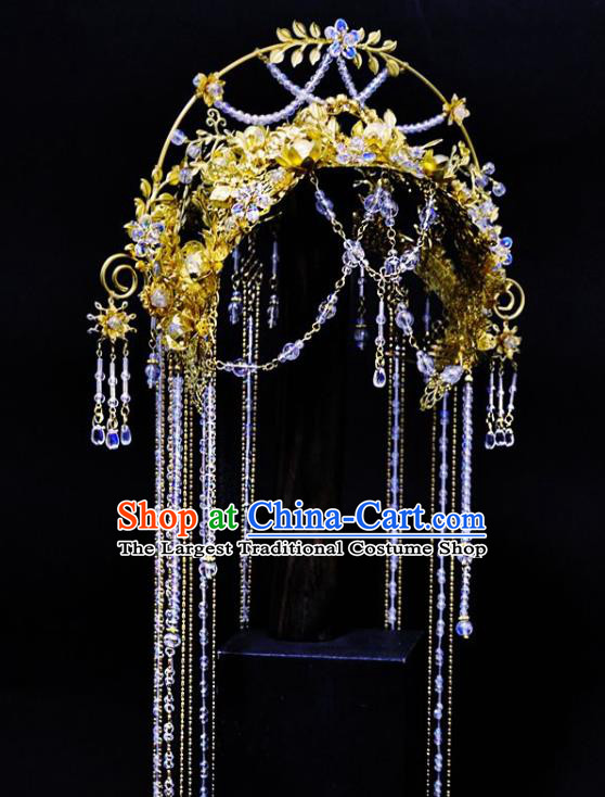 China Ancient Goddess Hair Accessories Handmade Traditional Cosplay Fairy Queen Tassel Golden Hair Crown