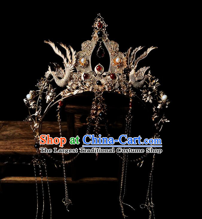 China Ancient Cosplay Court Lady Hair Accessories Handmade Traditional Tang Dynasty Golden Phoenix Hair Crown