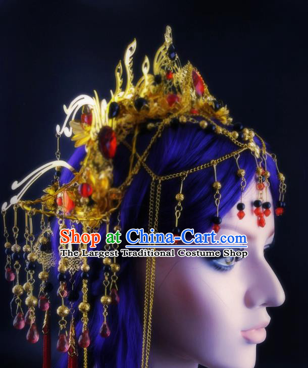 China Ancient Female Swordsman Headwear Handmade Traditional Cosplay Fairy Princess Golden Hair Crown