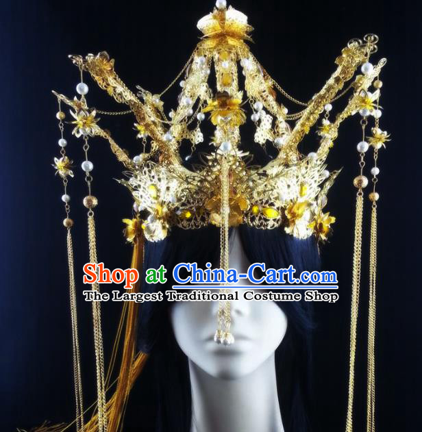 China Ancient Goddess Phoenix Coronet Headwear Handmade Traditional Cosplay Queen Golden Tassel Hair Crown