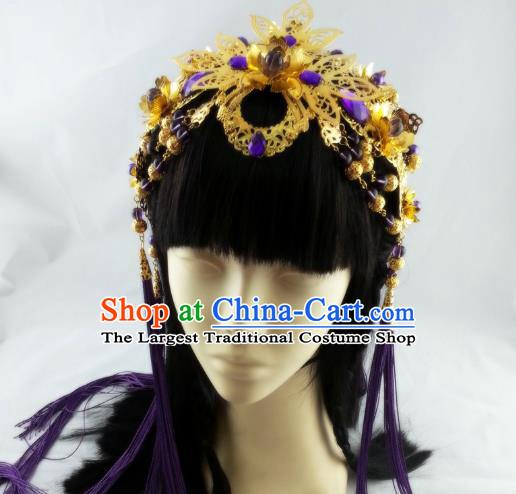 China Ancient Queen Tassel Hair Accessories Handmade Traditional Cosplay Goddess Golden Hair Crown