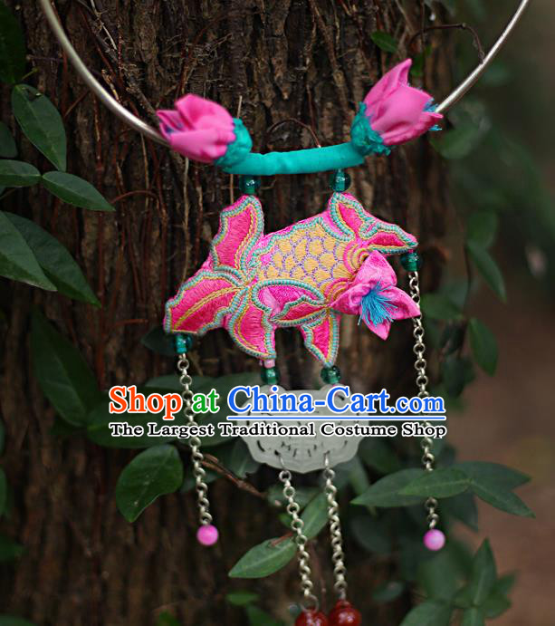 Chinese National Embroidered Pink Goldfish Necklace Miao Ethnic Jade Necklet Pendant