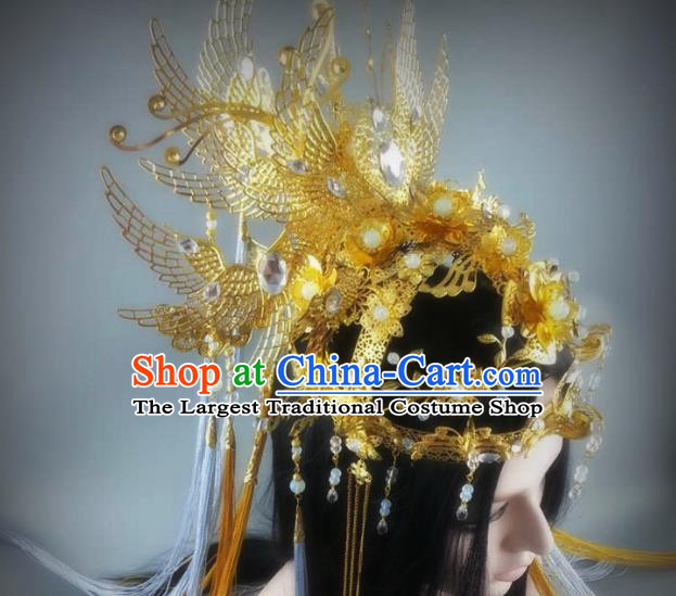 China Ancient Goddess Queen Phoenix Coronet Headwear Handmade Traditional Cosplay Empress Golden Hair Crown