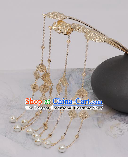 China Ancient Empress Pearls Tassel Hairpin Traditional Tang Dynasty Empress Palace Golden Hair Stick