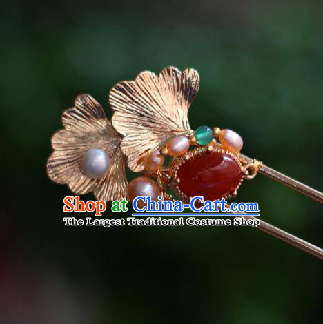 China Ancient Princess Agate Hairpin Traditional Tang Dynasty Empress Golden Ginkgo Leaf Hair Stick