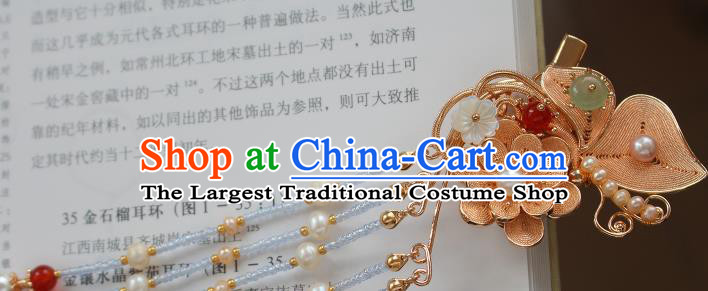 China Ancient Young Beauty Golden Butterfly Flower Hairpin Traditional Ming Dynasty Princess Pearls Tassel Hair Claw