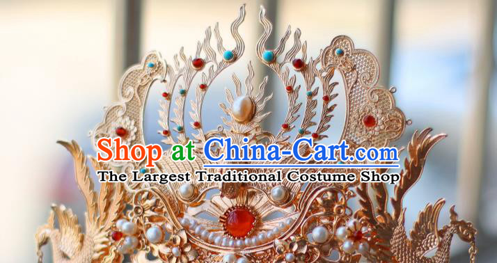 China Ancient Royal Empress Pearls Hairpin Traditional Ming Dynasty Queen Golden Phoenix Hair Crown