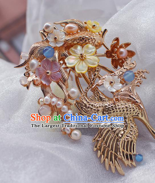 China Ancient Palace Lady Shell Plum Hairpin Traditional Ming Dynasty Princess Golden Crane Fish Hair Comb