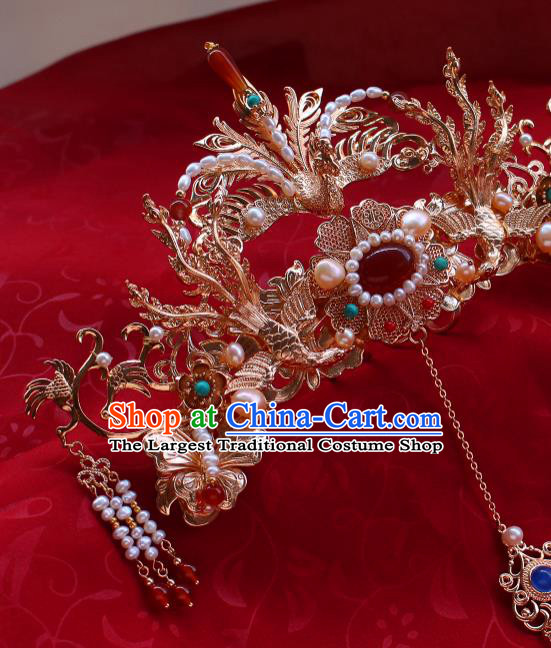 China Ancient Empress Phoenix Coronet Traditional Ming Dynasty Wedding Pearls Phoenix Hair Crown