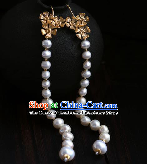 Chinese Traditional Song Dynasty Court Woman Earrings Ancient Imperial Concubine Pearls Tassel Ear Jewelry