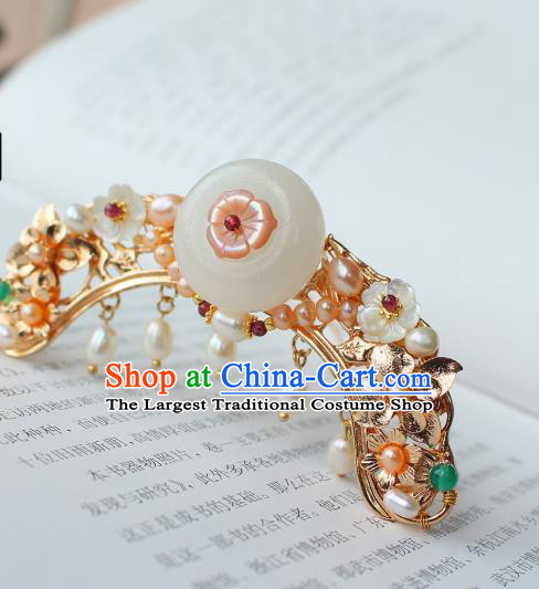 China Ancient Princess Jade Peace Buckle Hairpin Traditional Ming Dynasty Noble Lady Pearls Hair Crown