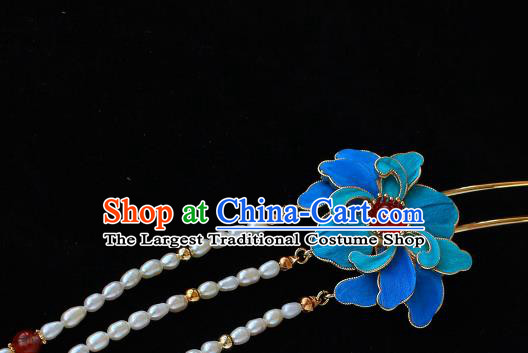 China Ancient Court Woman Blue Peony Hairpin Traditional Qing Dynasty Imperial Concubine Pearls Tassel Hair Stick