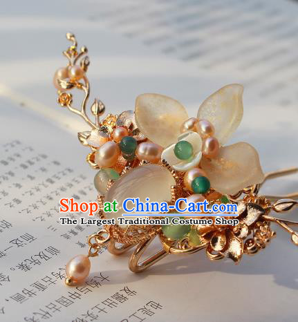 China Ancient Young Beauty Shell Hairpin Traditional Ming Dynasty Court Lady Pearls Hair Stick