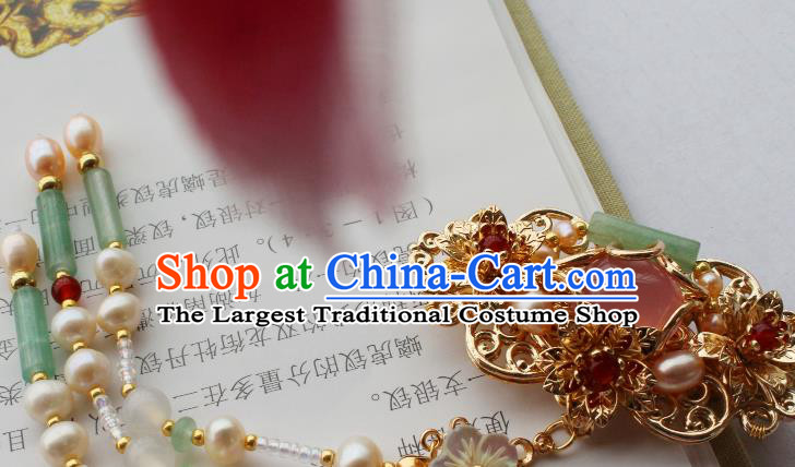 China Ancient Palace Lady Hairpin Traditional Ming Dynasty Princess Pearls Jade Tassel Hair Claw