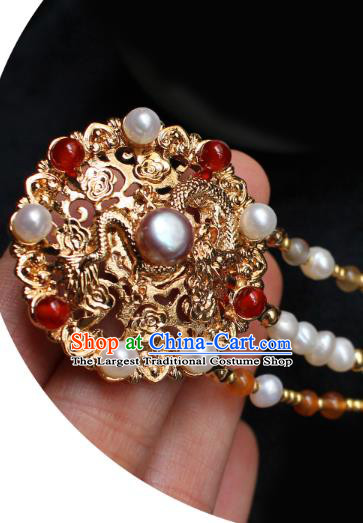 China Ancient Empress Pearls Tassel Hairpin Traditional Ming Dynasty Queen Golden Dragon Hair Stick