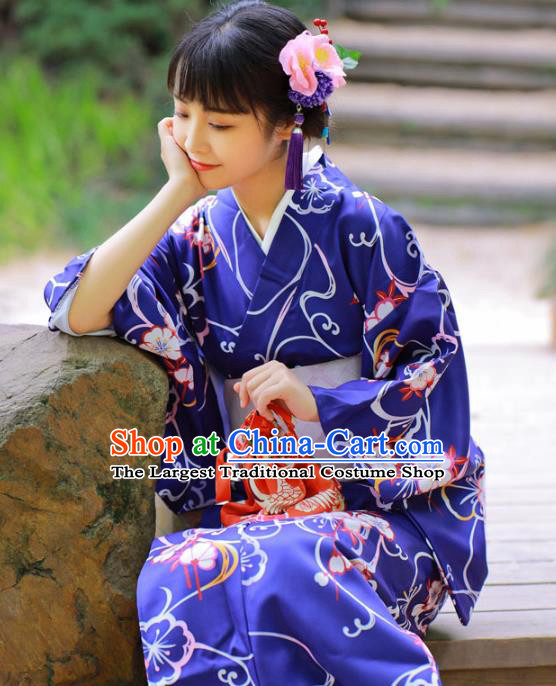 Asian Japan Printing Sakura Deep Blue Edo Komon Kimono Costume Japanese Traditional Young Lady Yukata Dress