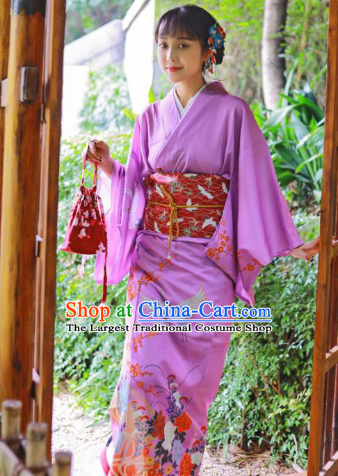 Japanese Traditional Young Lady Printing Crane Yukata Dress Asian Japan Lilac Edo Komon Kimono Costume