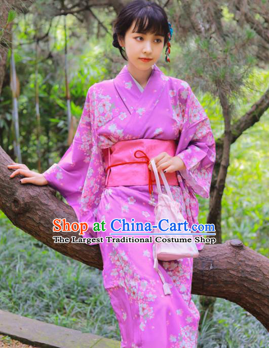 Japanese Traditional Printing Sakura Lilac Yukata Dress Asian Japan Summer Festival Kimono Costume