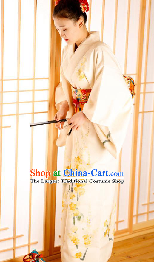 Japanese Traditional Printing Sakura Beige Yukata Dress Asian Japan Edo Komon Kimono Costume