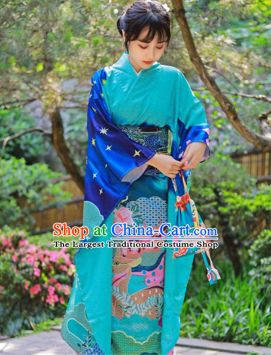 Asian Japan Wedding Bride Furisode Kimono Costume Japanese Traditional Summer Festival Blue Yukata Dress