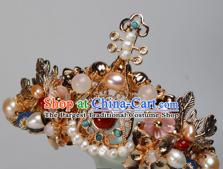 China Ancient Court Woman Headwear Hairpin Traditional Tang Dynasty Palace Lady Golden Lute Hair Crown