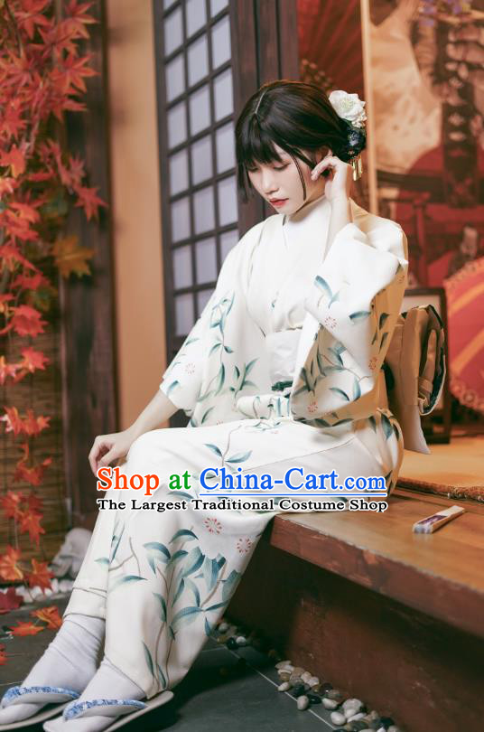 Asian Japan Printing Pear Blossom Kimono Dress Japanese Traditional Female Yukata Costumes