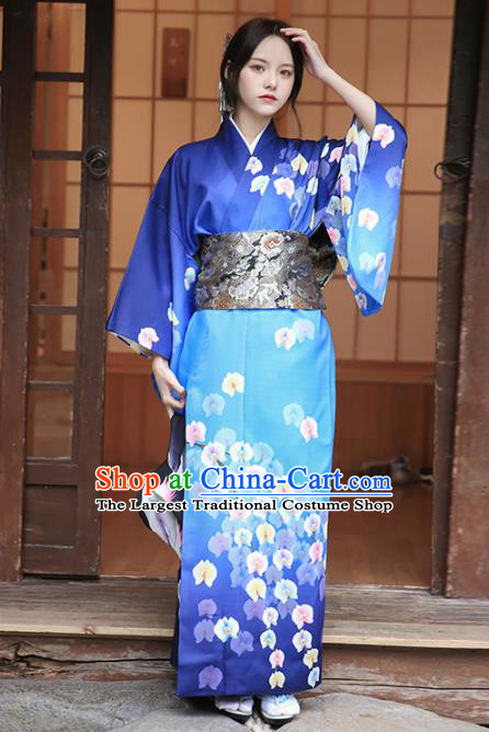 Japanese Traditional Young Woman Yukata Costume Asian Japan Printing Royalblue Kimono Dress