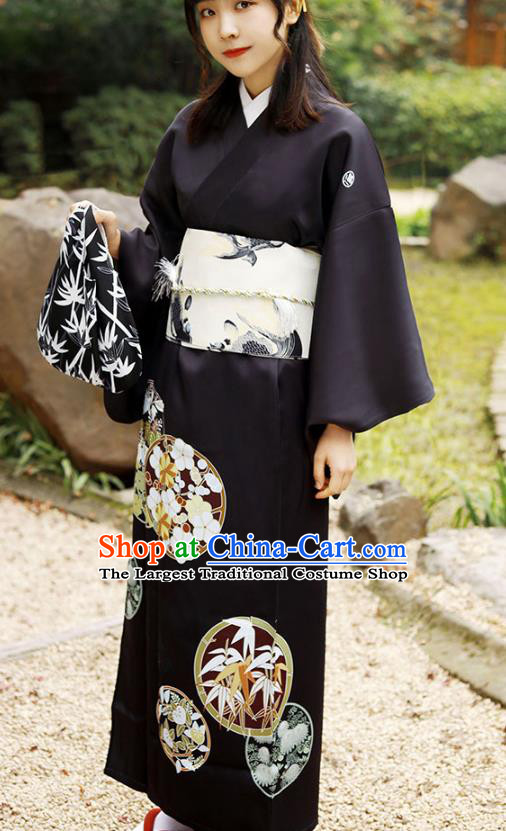 Asian Japan Printing Kurotomesode Kimono Costume Japanese Traditional Hanabi Taikai Young Lady Black Yukata Dress