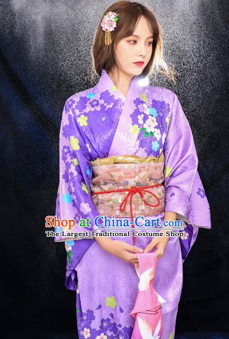 Asian Japan Printing Sakura Furisode Kimono Costume Japanese Traditional Young Lady Violet Yukata Dress