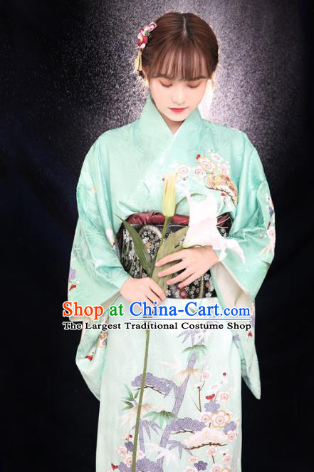 Asian Japan Light Green Tomesode Kimono Costume Japanese Traditional Young Lady Printing Plum Bamboo Yukata Dress