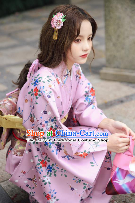 Asian Japan Pink Edo Komon Kimono Costume Japanese Traditional Young Lady Printing Primrose Yukata Dress