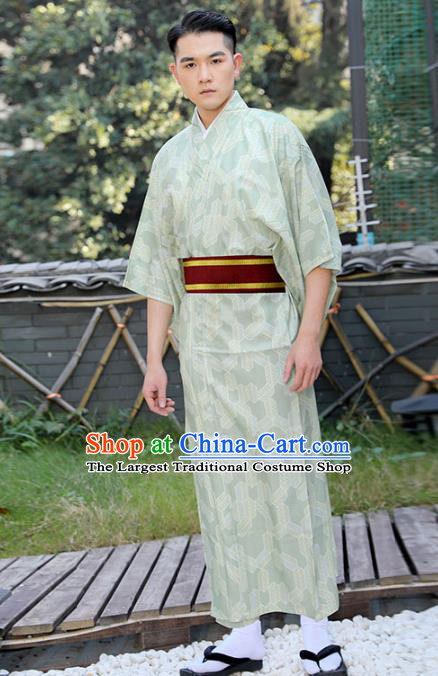 Japanese Male Clothing Asian Japan Traditional Printing Light Green Yukata Robe