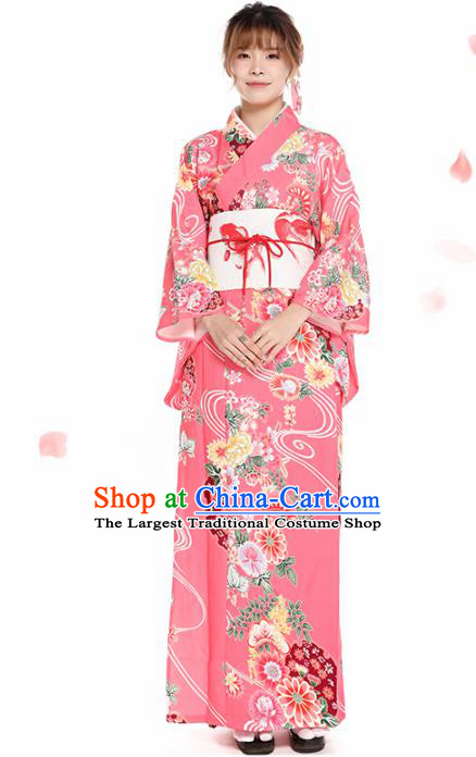 Asian Japan Summer Festival Pink Kimono Costume Japanese Traditional Young Lady Printing Chrysanthemum Yukata Dress