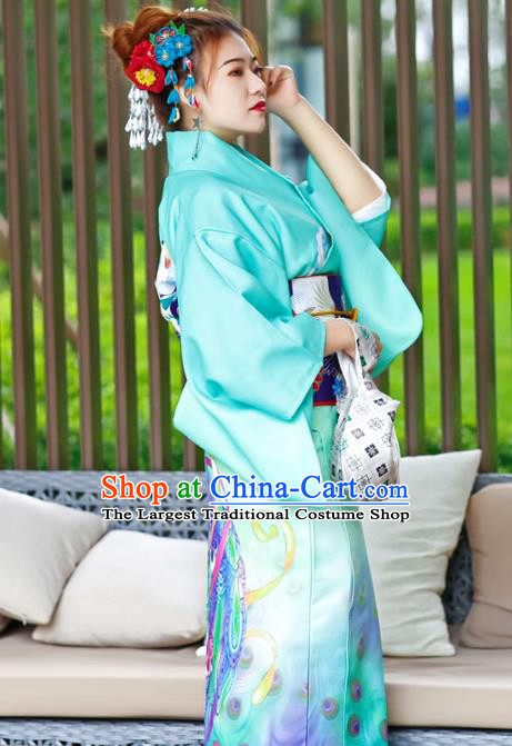 Asian Japan Printing Peacock Kimono Costume Japanese Traditional Wedding Bride Green Yukata Dress