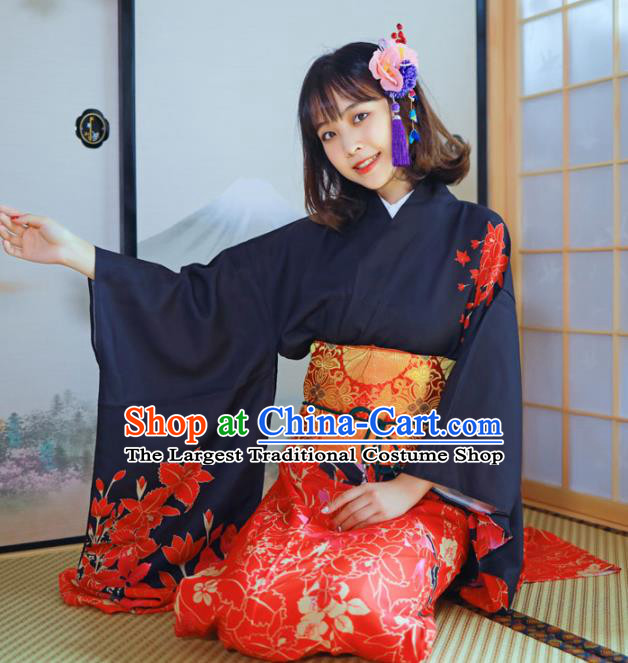 Asian Japan Stage Performance Furisode Kimono Costume Japanese Traditional Young Woman Yukata Dress