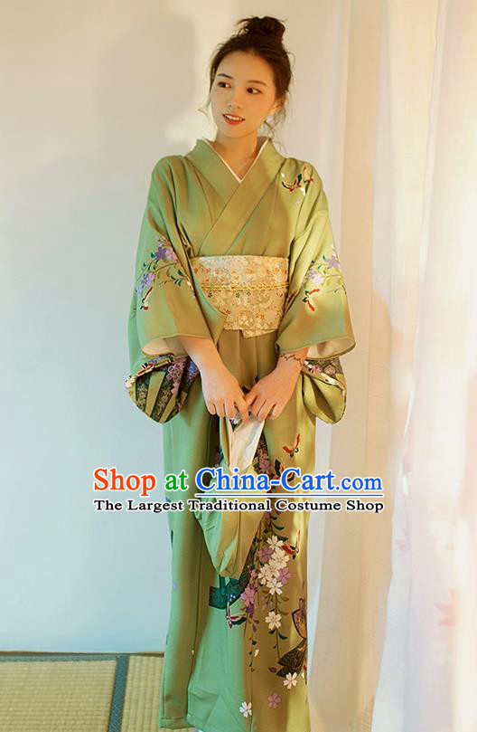 Japanese Traditional Summer Festival Young Lady Yukata Dress Asian Japan Printing Green Kimono Fashion